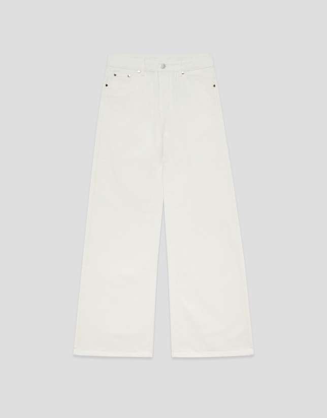 Customised wide-leg ecru jeans with waistband