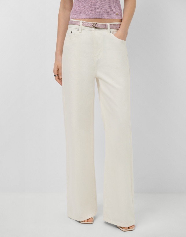 Customised wide-leg ecru jeans with waistband