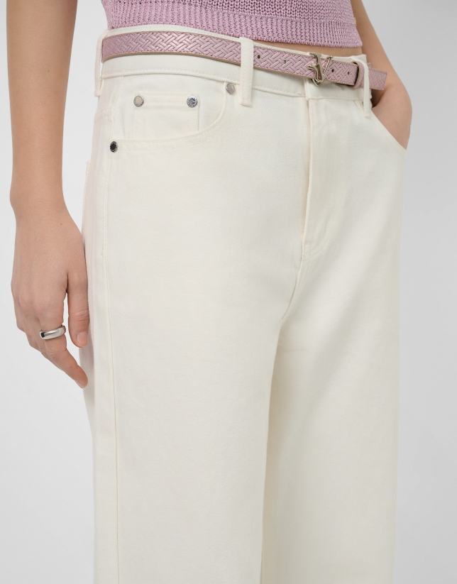 Customised wide-leg ecru jeans with waistband