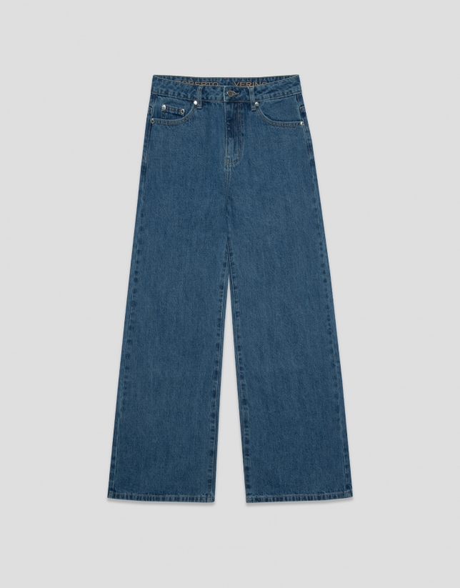 Pantal&oacute;n vaquero ancho azul personalizado en cintura