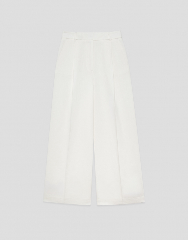 Wide-leg trousers with pleats in off-white linen blend