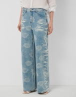 Blue wide-leg jeans with jacquard and faded effect