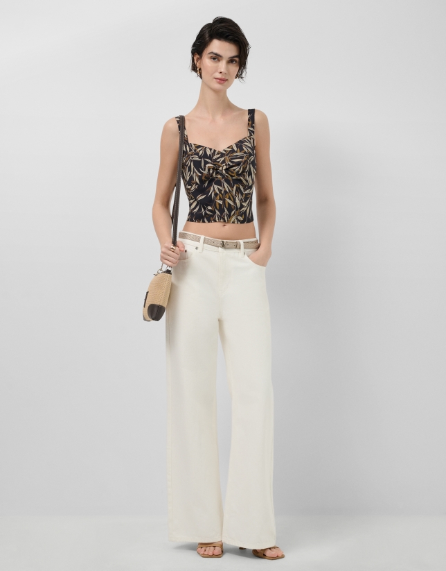 Brown leaf print crepe crop top