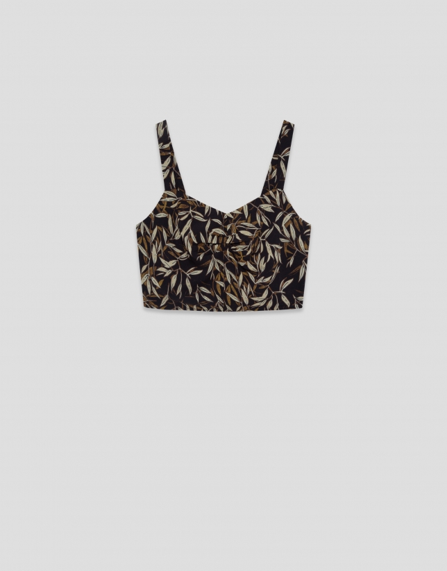 Brown leaf print crepe crop top