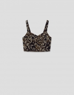 Brown leaf print crepe crop top
