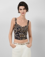 Brown leaf print crepe crop top