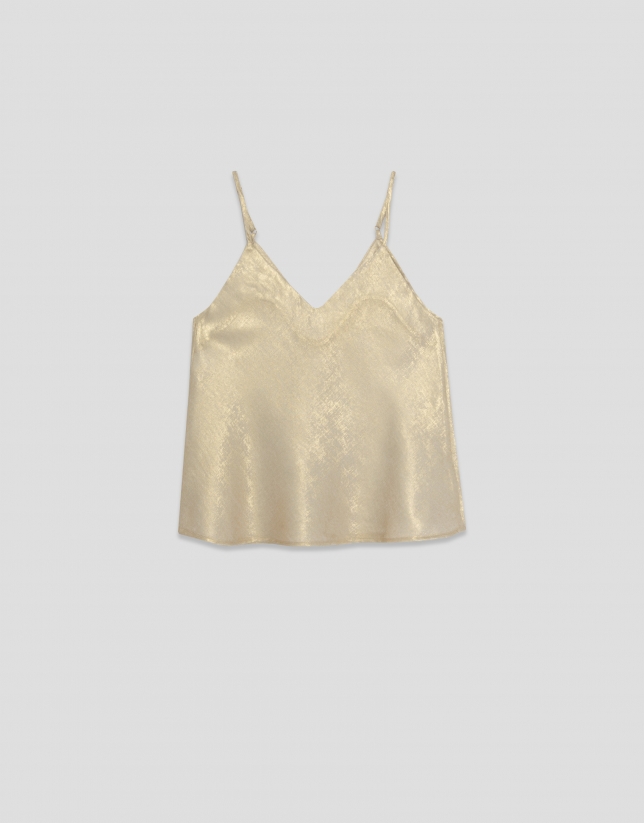 Sleeveless top in gold glitter laminated fabric