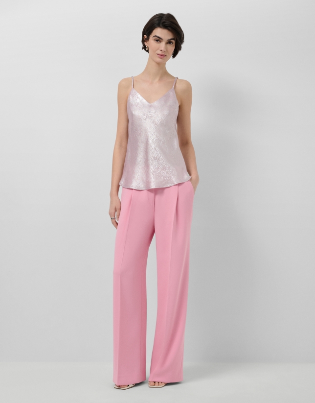 Top sisas tejido laminado brillo rosa