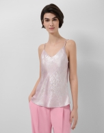Sleeveless top in glittery laminated fabric in pink