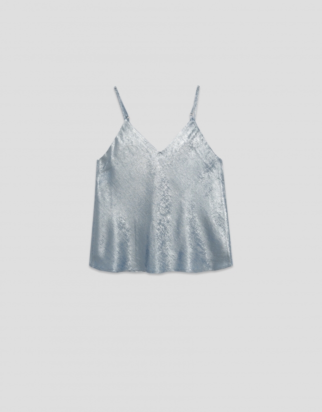 Light blue glitter laminated fabric sleeveless top