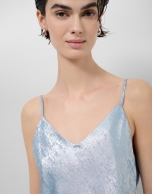 Light blue glitter laminated fabric sleeveless top