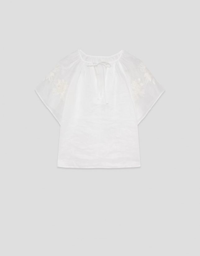 White ramie blouse with floral embroidery