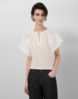 White ramie blouse with floral embroidery
