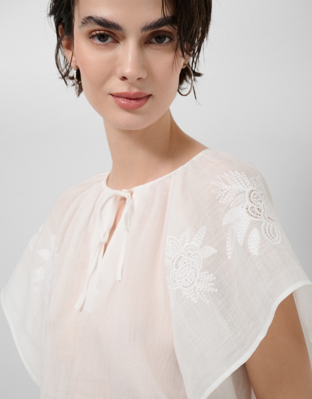 White ramie blouse with floral embroidery
