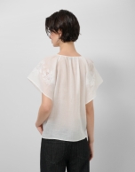 White ramie blouse with floral embroidery