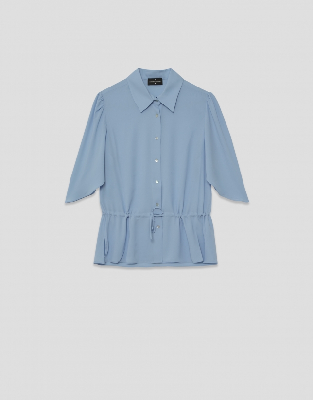 Blusa manga volante con cintura fruncida azul claro