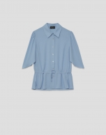 Blusa manga volante con cintura fruncida azul claro