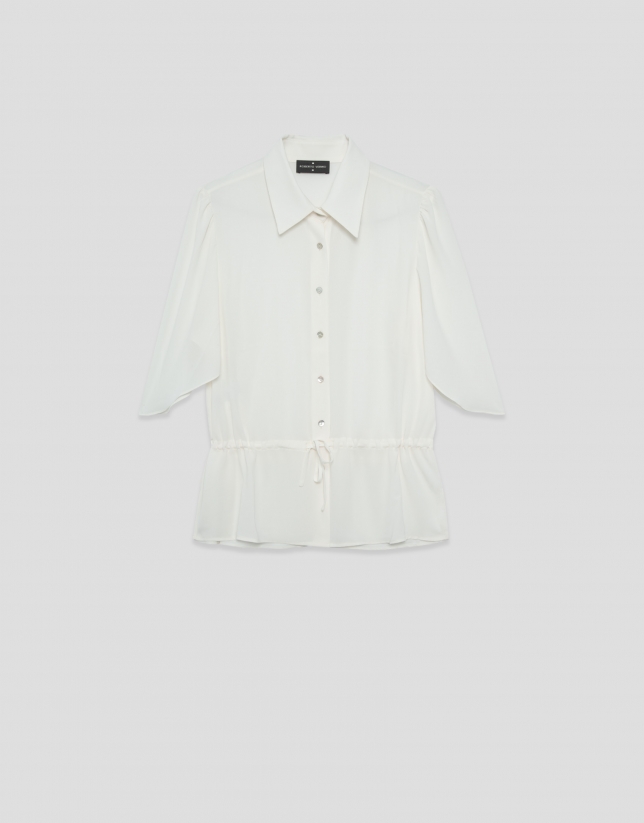 Ecru ruffle sleeve blouse with gathered waist
