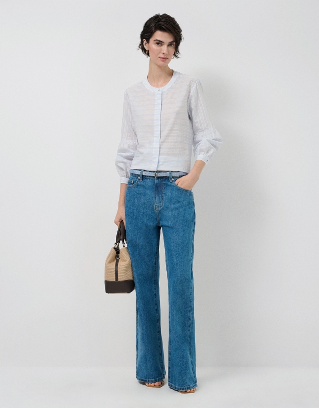 Beige and blue striped puff sleeve blouse