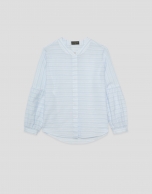 Beige and blue striped puff sleeve blouse