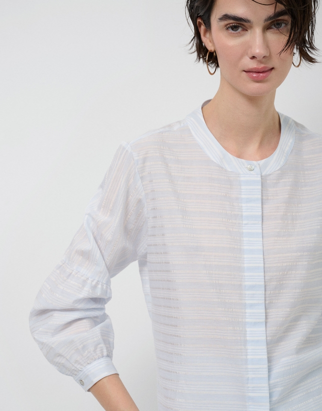 Beige and blue striped puff sleeve blouse