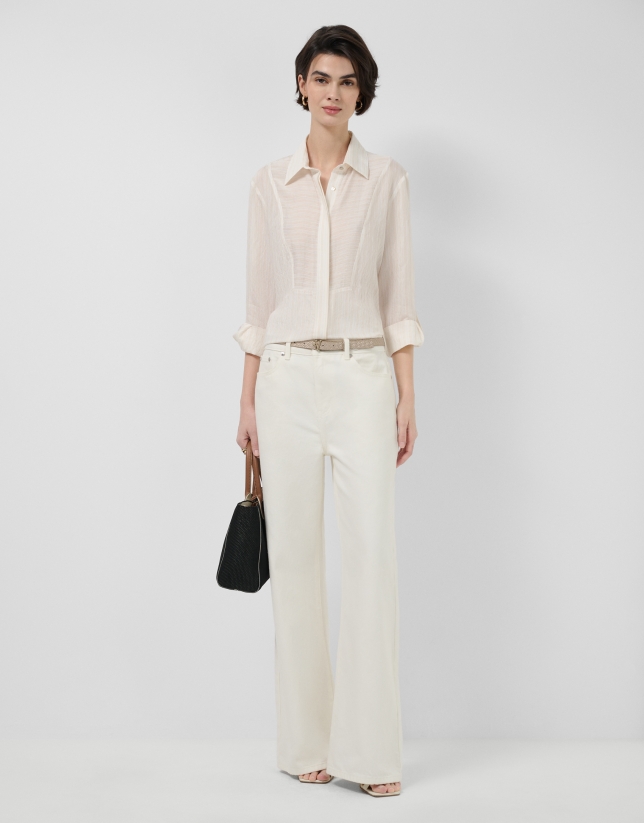 Blusa manga larga remangada rayas beige y crudo