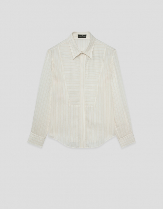 Blusa manga larga remangada rayas beige y crudo