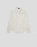 Long-sleeved blouse with rolled-up sleeves in beige and ecru stripes