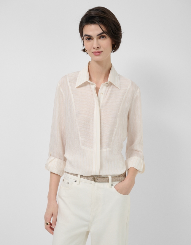 Blusa manga larga remangada rayas beige y crudo