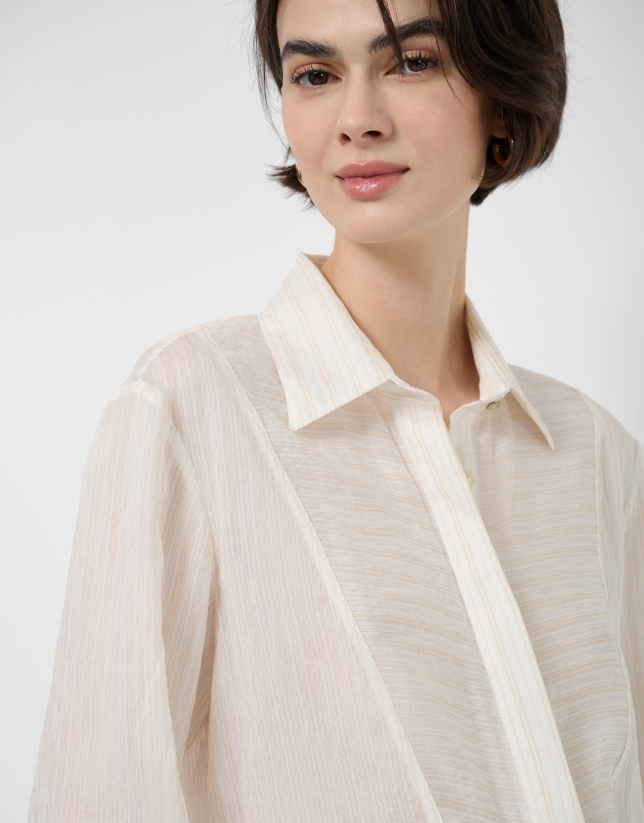 Blusa manga larga remangada rayas beige y crudo