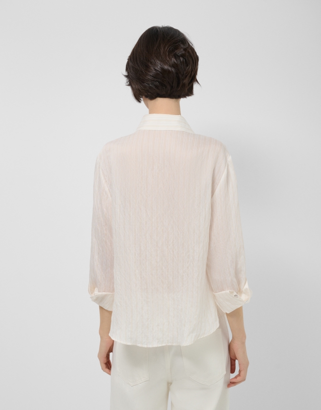 Long-sleeved blouse with rolled-up sleeves, beige and ecru stripes