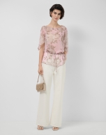 Pink floral print chiffon blouse with ruffled sleeves