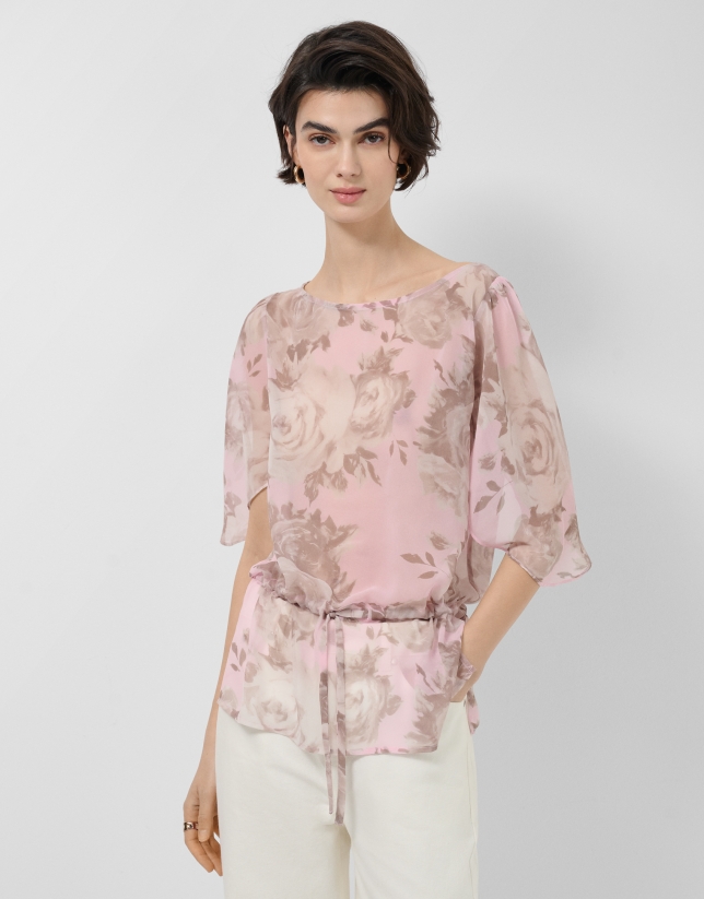 Pink floral print chiffon blouse with ruffled sleeves