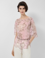 Pink floral print chiffon blouse with ruffled sleeves