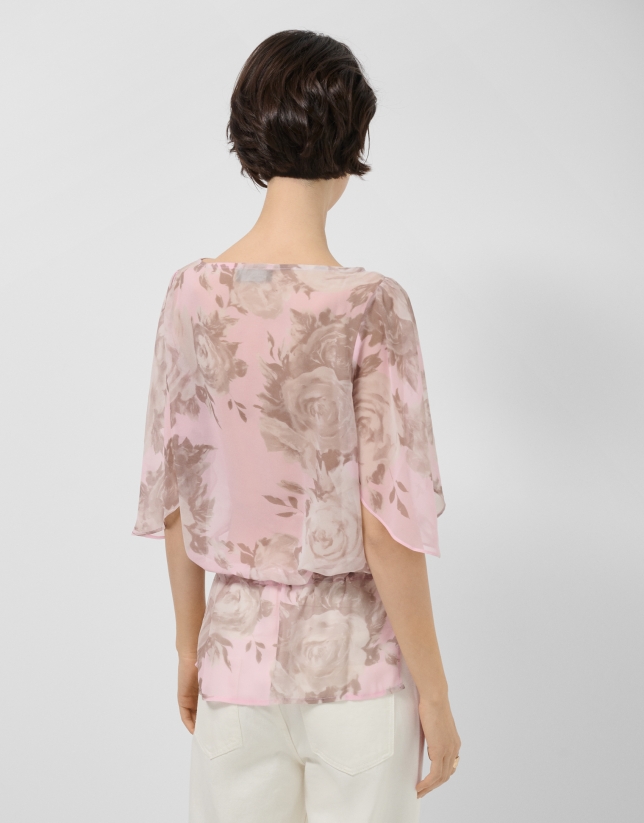 Pink floral print chiffon blouse with ruffled sleeves
