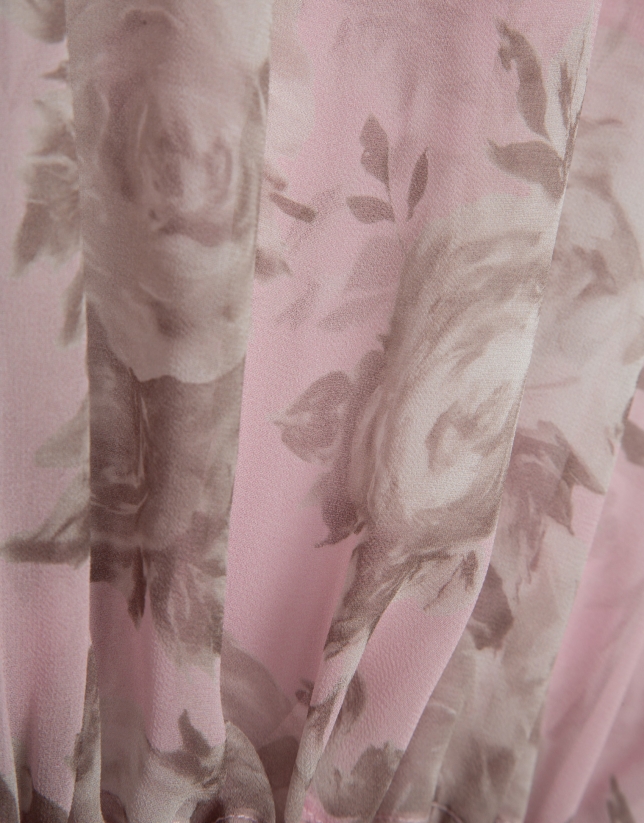 Pink floral print chiffon blouse with ruffled sleeves