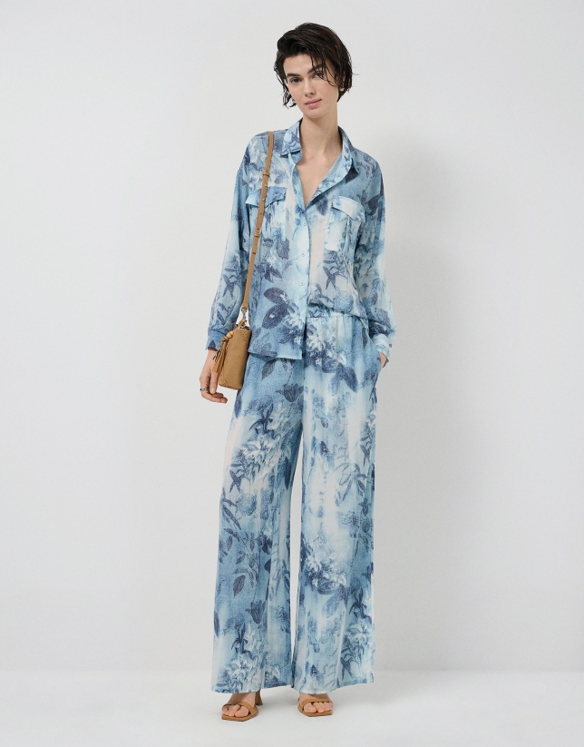 Oversized blue floral print crepe blouse