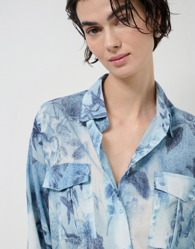 Oversized blue floral print crepe blouse