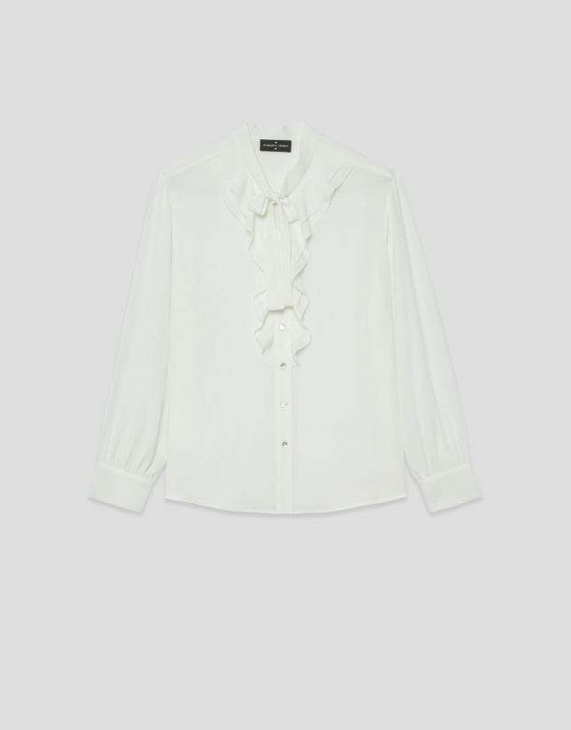 Ecru chiffon blouse with ruffles on the front