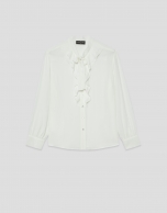 Ecru chiffon blouse with ruffles on the front