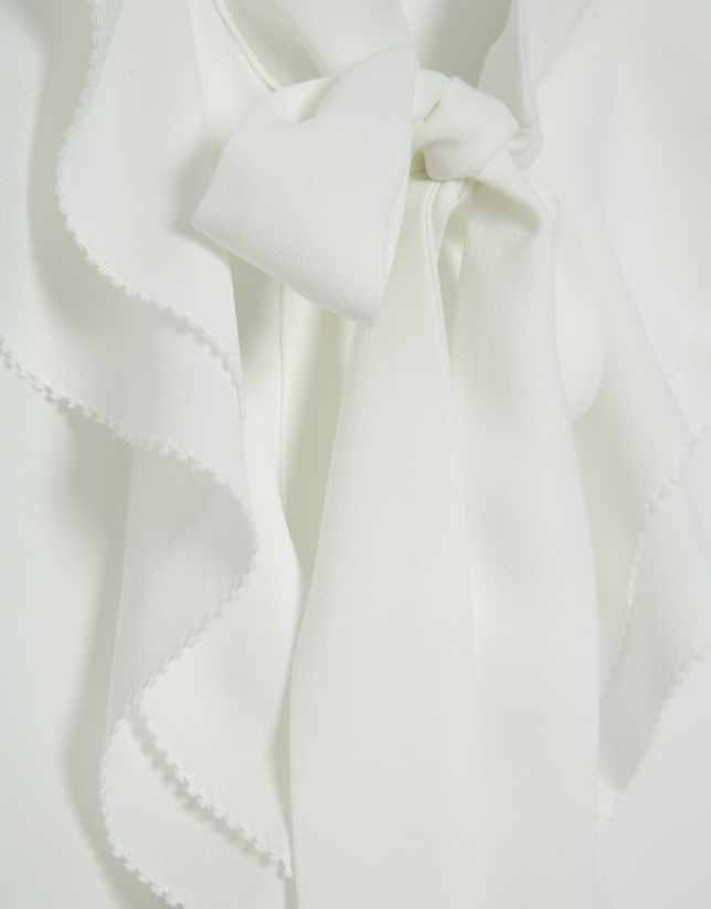 Ecru chiffon blouse with ruffles on the front