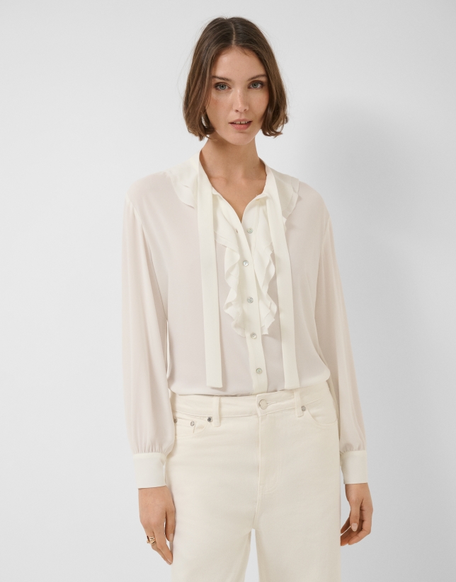 Ecru chiffon blouse with ruffles on the front