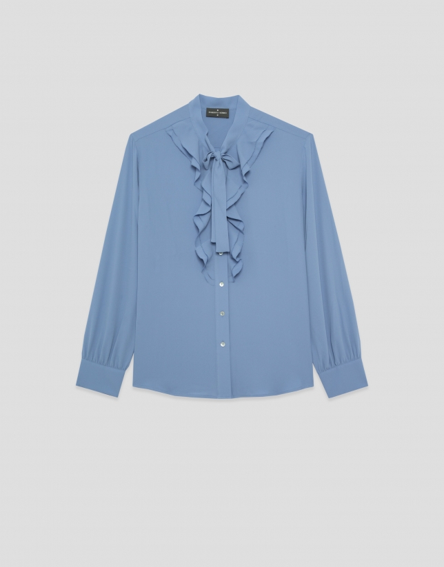 Blusa gasa azul con volantes en pechera