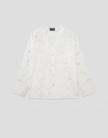 Oversized white devor&eacute; blouse with floral print