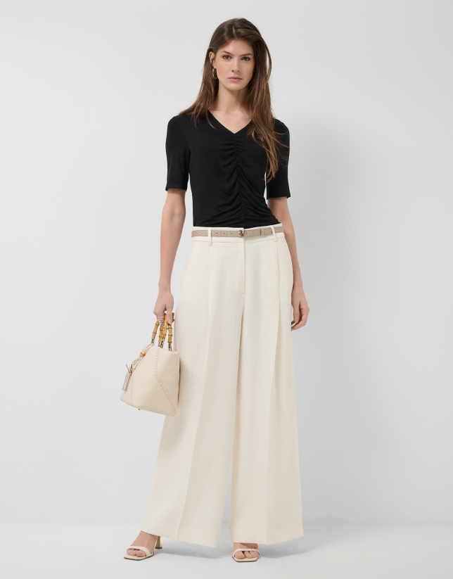 Black short-sleeved T-shirt with draping