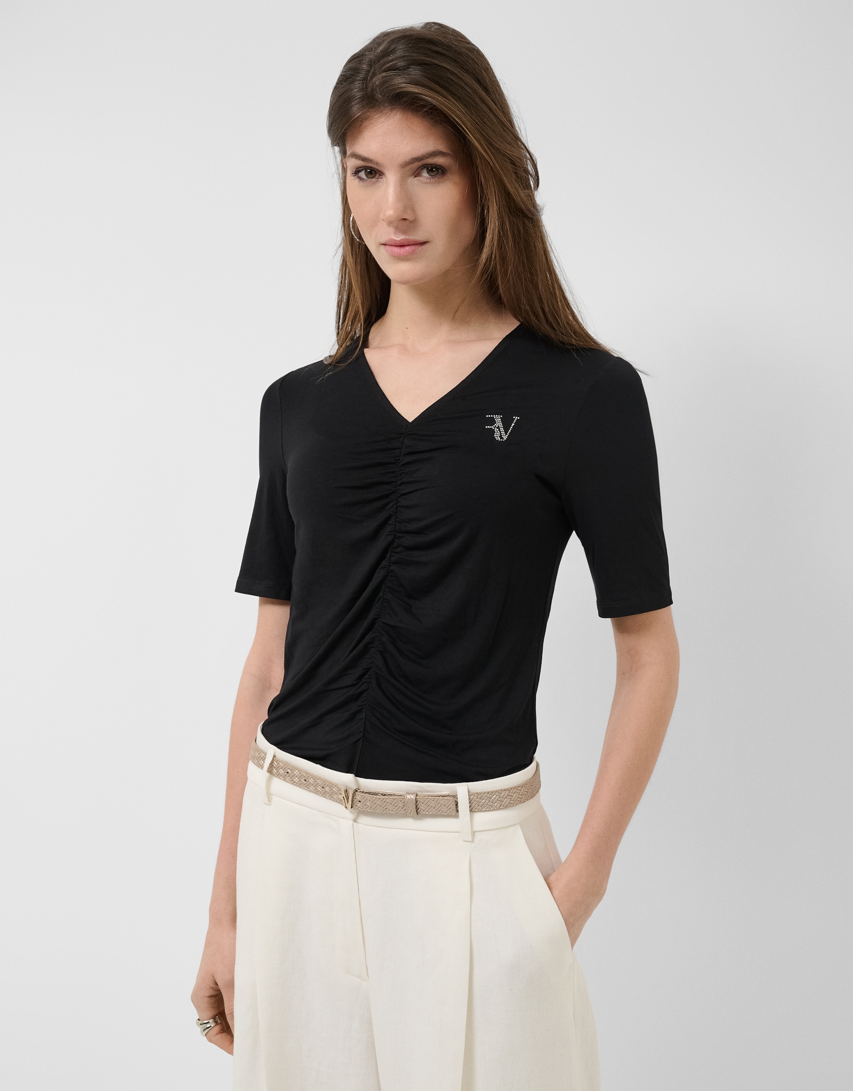 Black short-sleeved T-shirt with draping