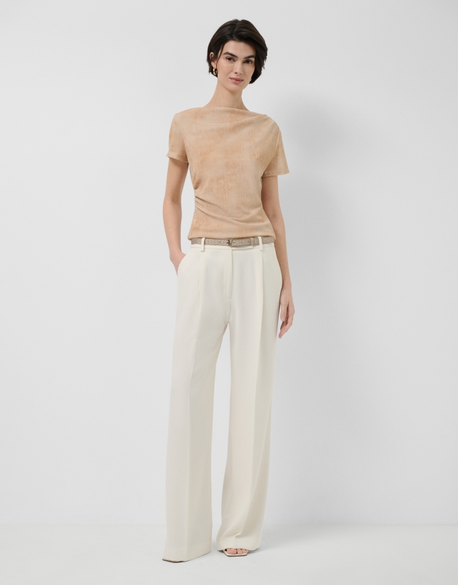 Ecru tulle gathered short-sleeved T-shirt