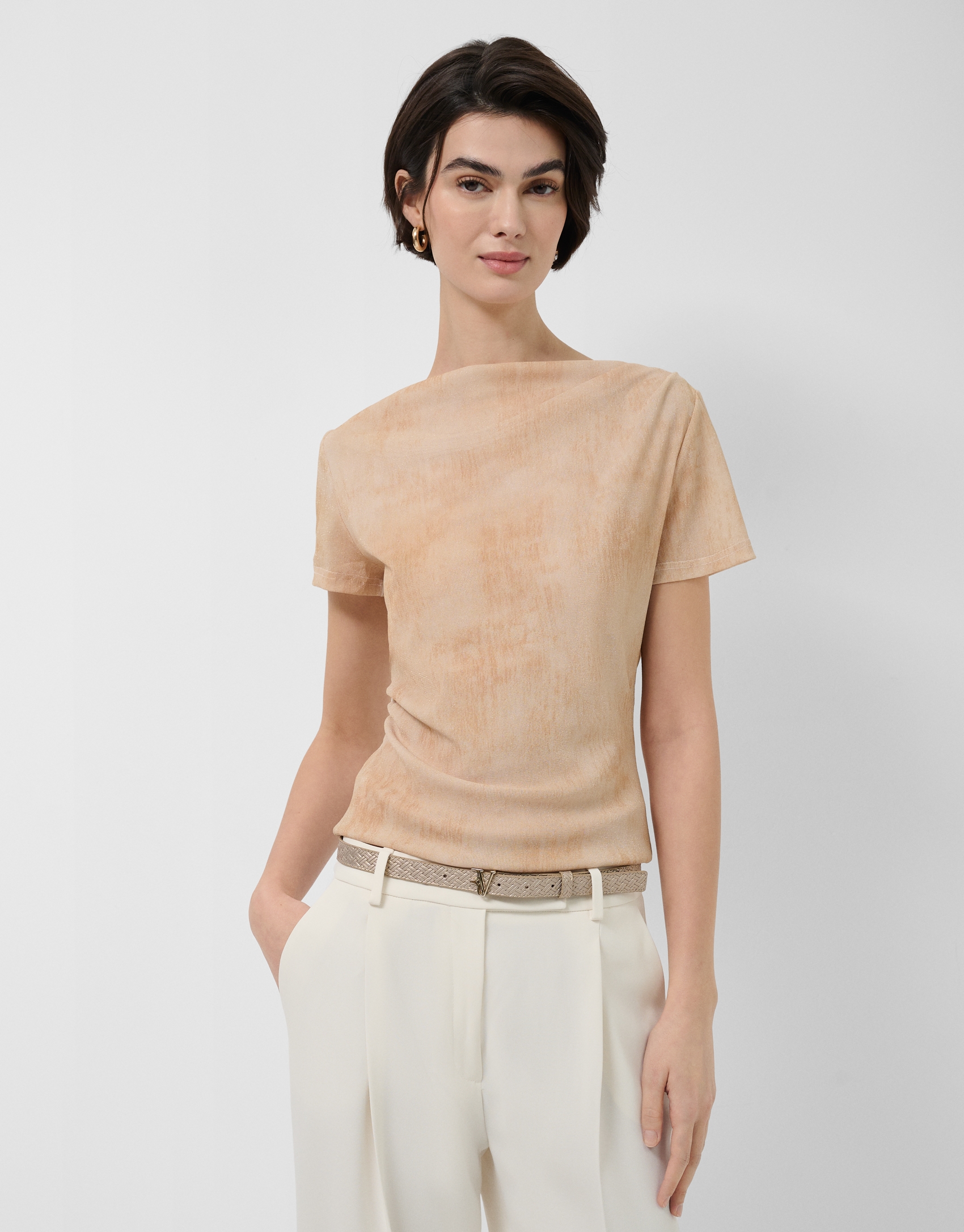 Ecru tulle gathered short-sleeved T-shirt