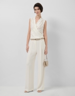 White devor&eacute; knit crossover sleeveless T-shirt