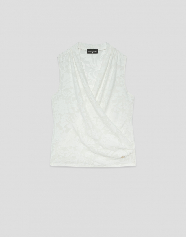 Camiseta cruzada sin mangas en punto devor&eacute; blanco